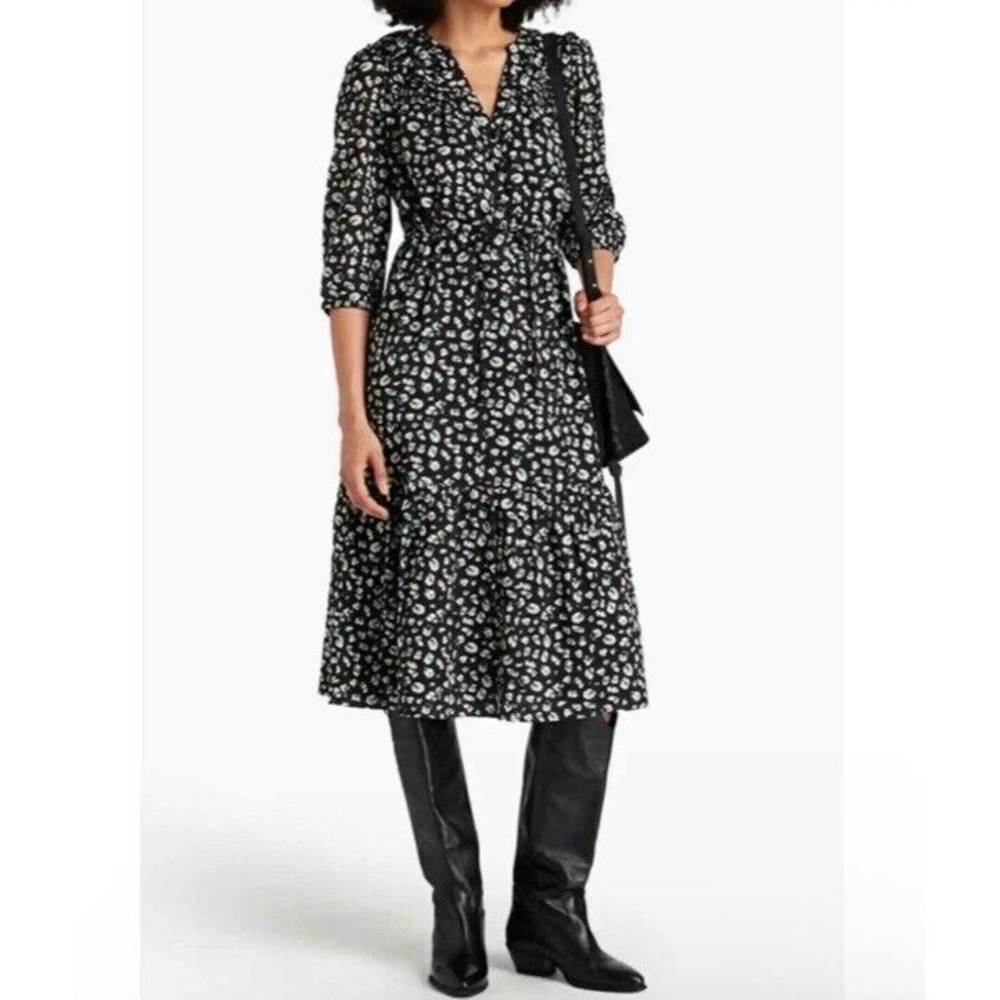 Ba&sh Midi Dress  Black Bowie Floral Cotton Ruffle Balloon Sleeves Sz Medium
